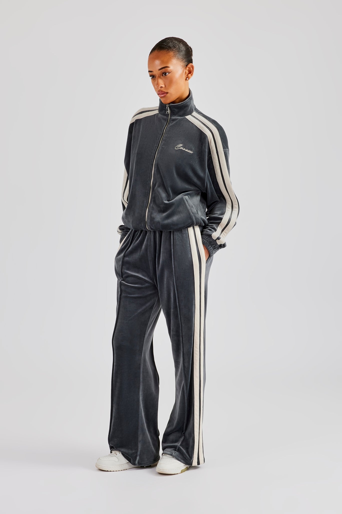 Funnel Neck Taping Zip Through Velour Tracksuit - Grey | Womens