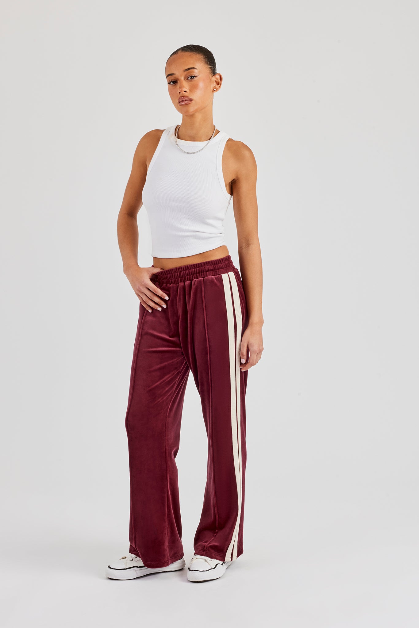 Taping Wide Leg Velour Track Pant - Burgundy