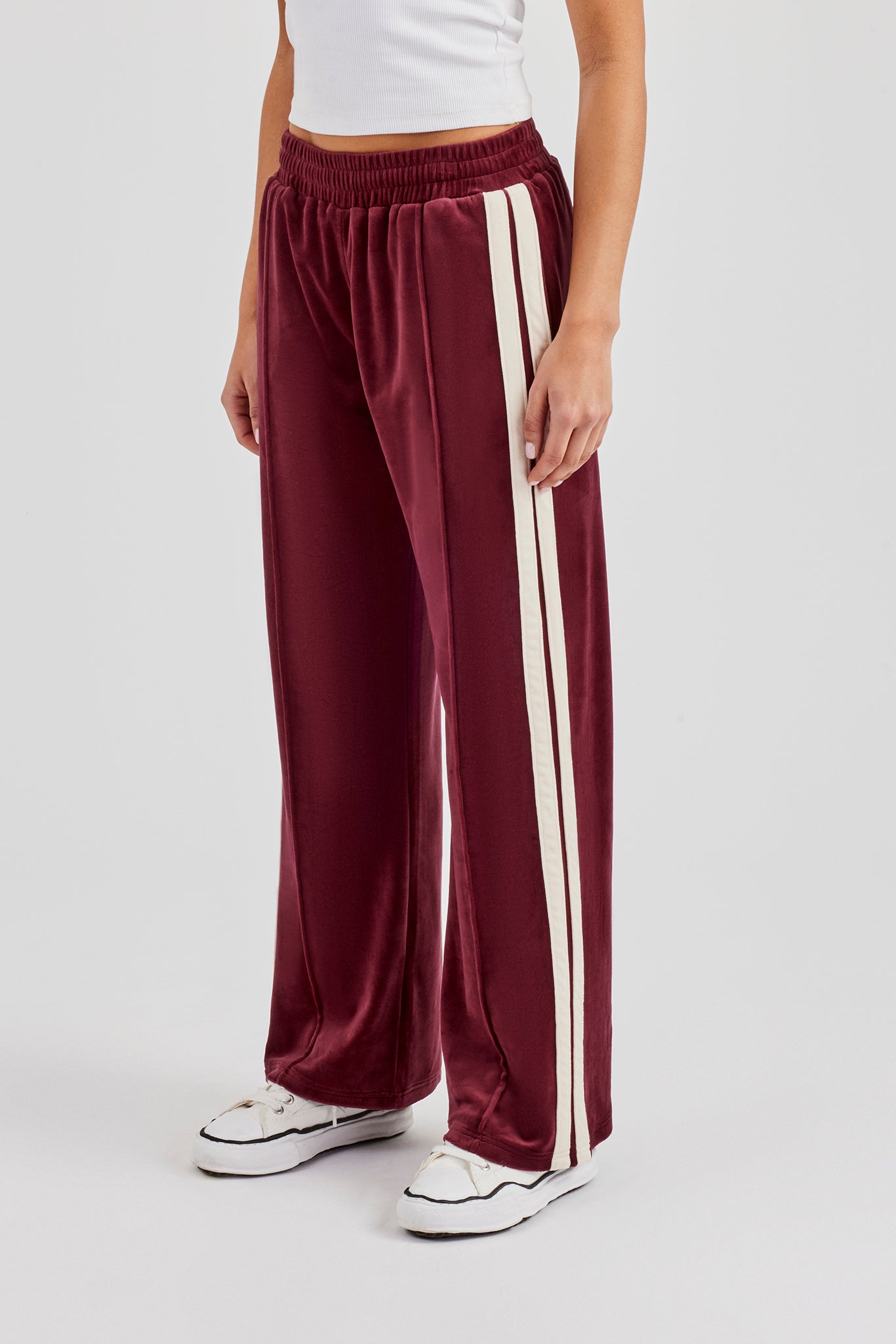 Taping Wide Leg Velour Track Pant - Burgundy