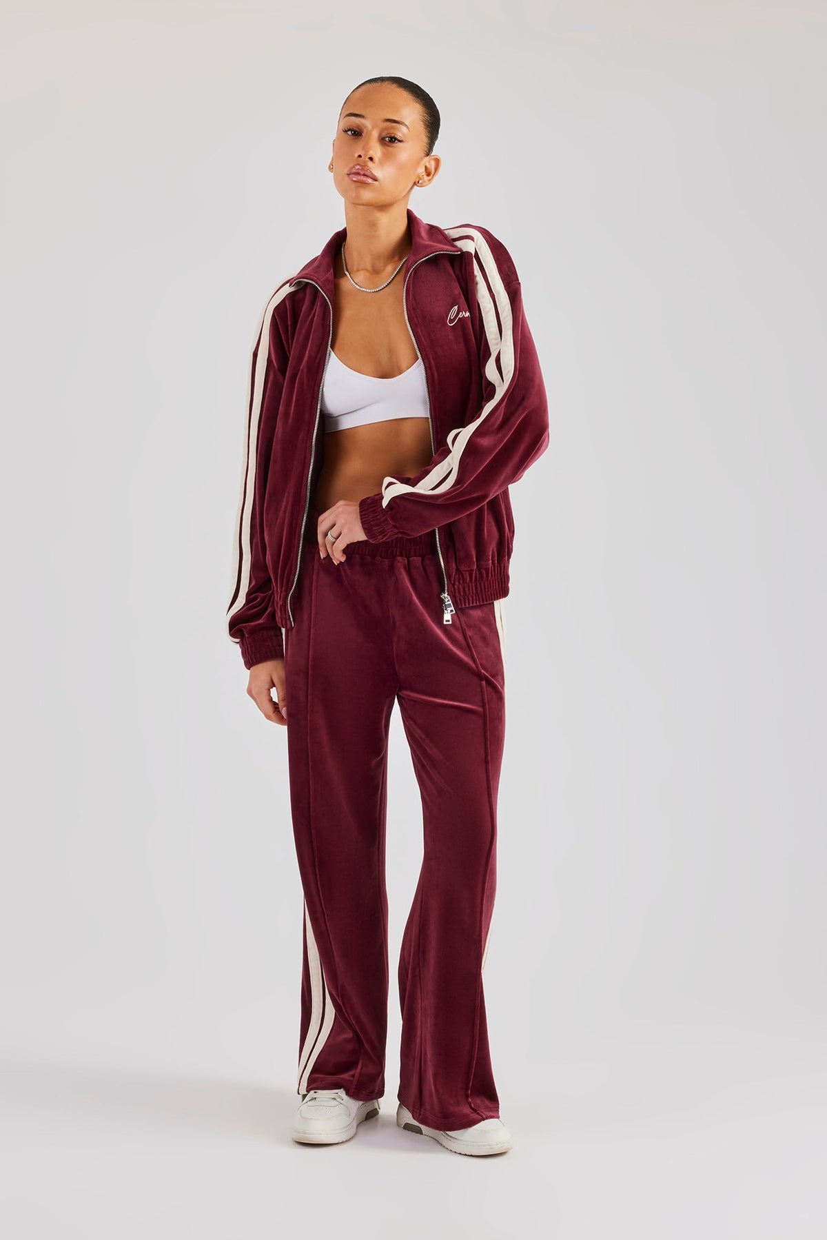 Funnel Neck Taping Zip Through Velour Track Jacket - Burgundy 