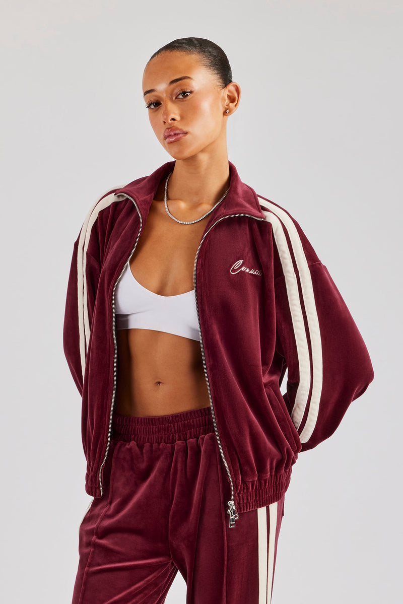 Funnel Neck Taping Zip Through Velour Track Jacket - Burgundy