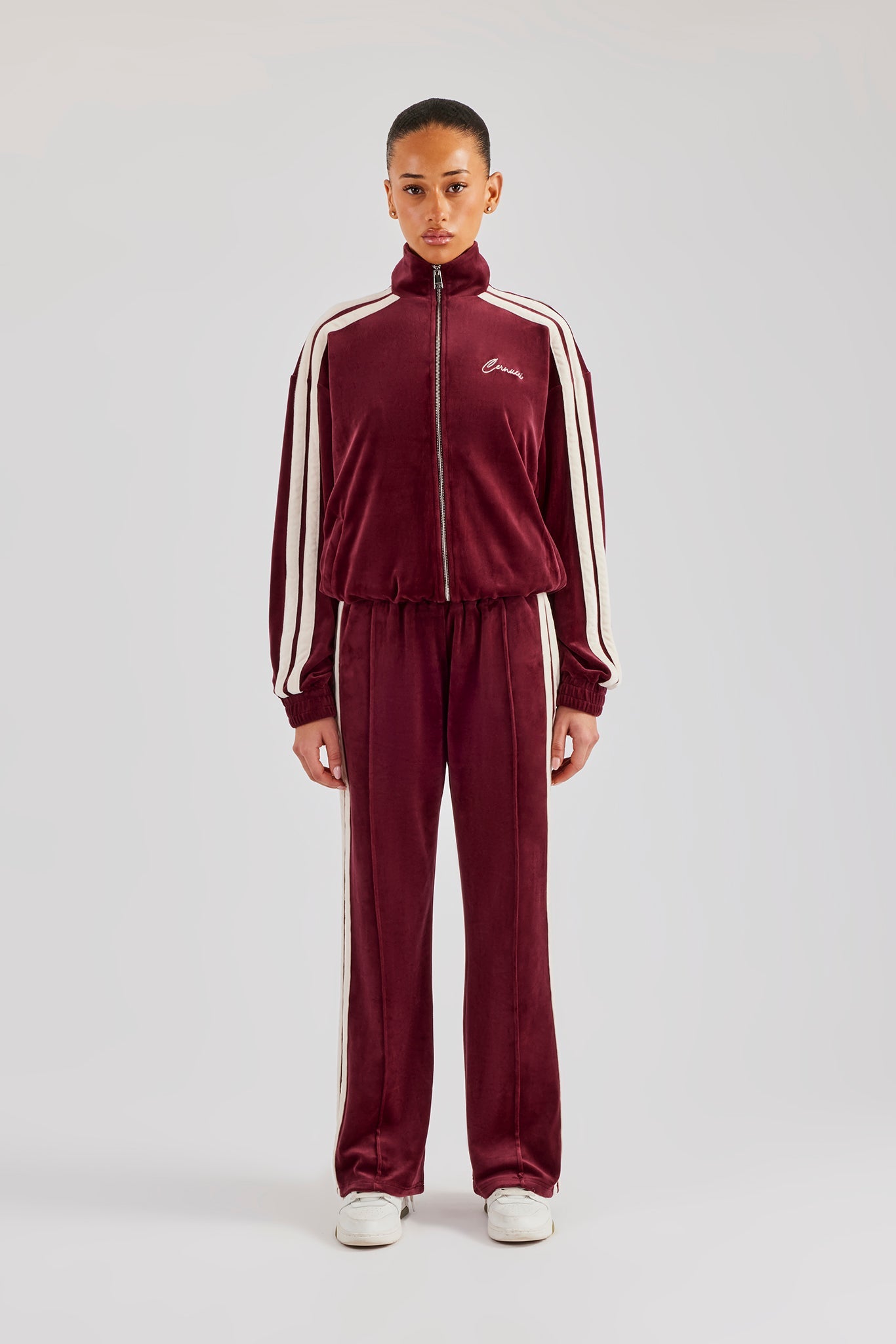 Funnel Neck Taping Zip Through Velour Tracksuit - Burgundy