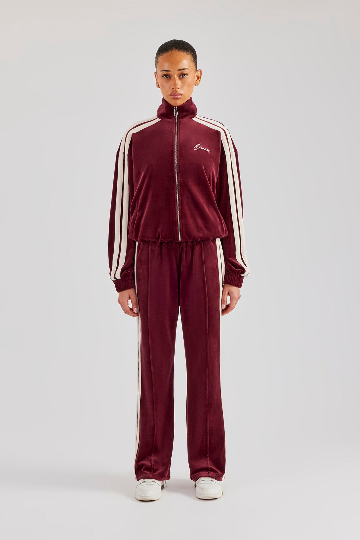Funnel Neck Taping Zip Through Velour Tracksuit - Burgundy 
