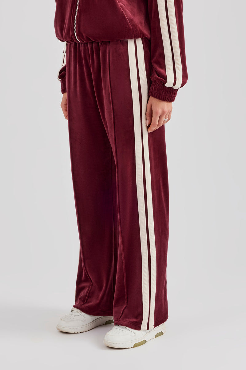 Taping Wide Leg Velour Track Pant - Burgundy