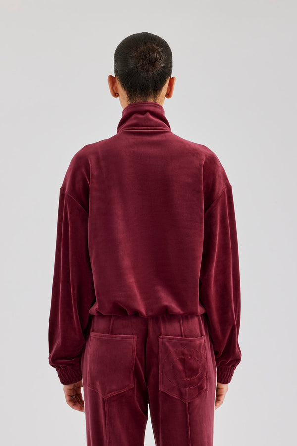 Funnel Neck Taping Zip Through Velour Track Jacket - Burgundy