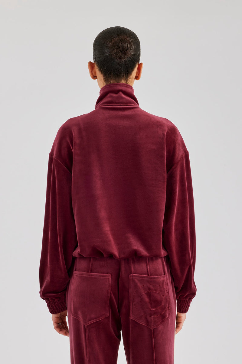 Funnel Neck Taping Zip Through Velour Track Jacket - Burgundy