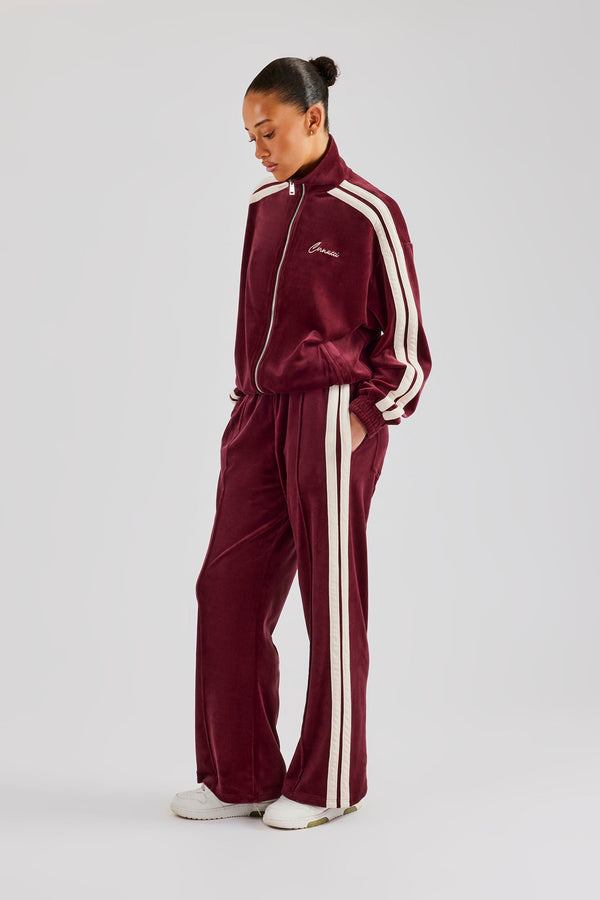 Funnel Neck Taping Zip Through Velour Tracksuit - Burgundy