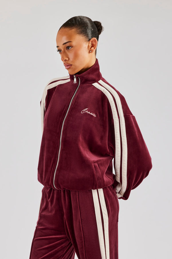 Funnel Neck Taping Zip Through Velour Track Jacket - Burgundy