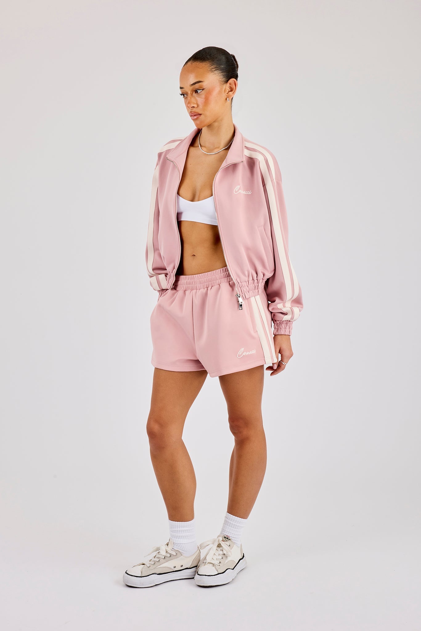 Taping Cropped Funnel Neck Zip Through & Short– Dusty Pink