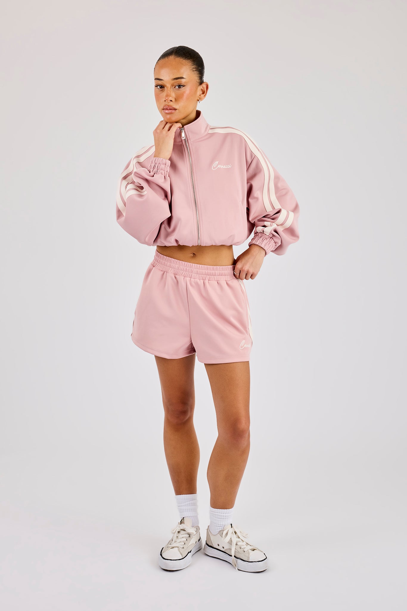 Taping Cropped Funnel Neck Zip Through & Short– Dusty Pink