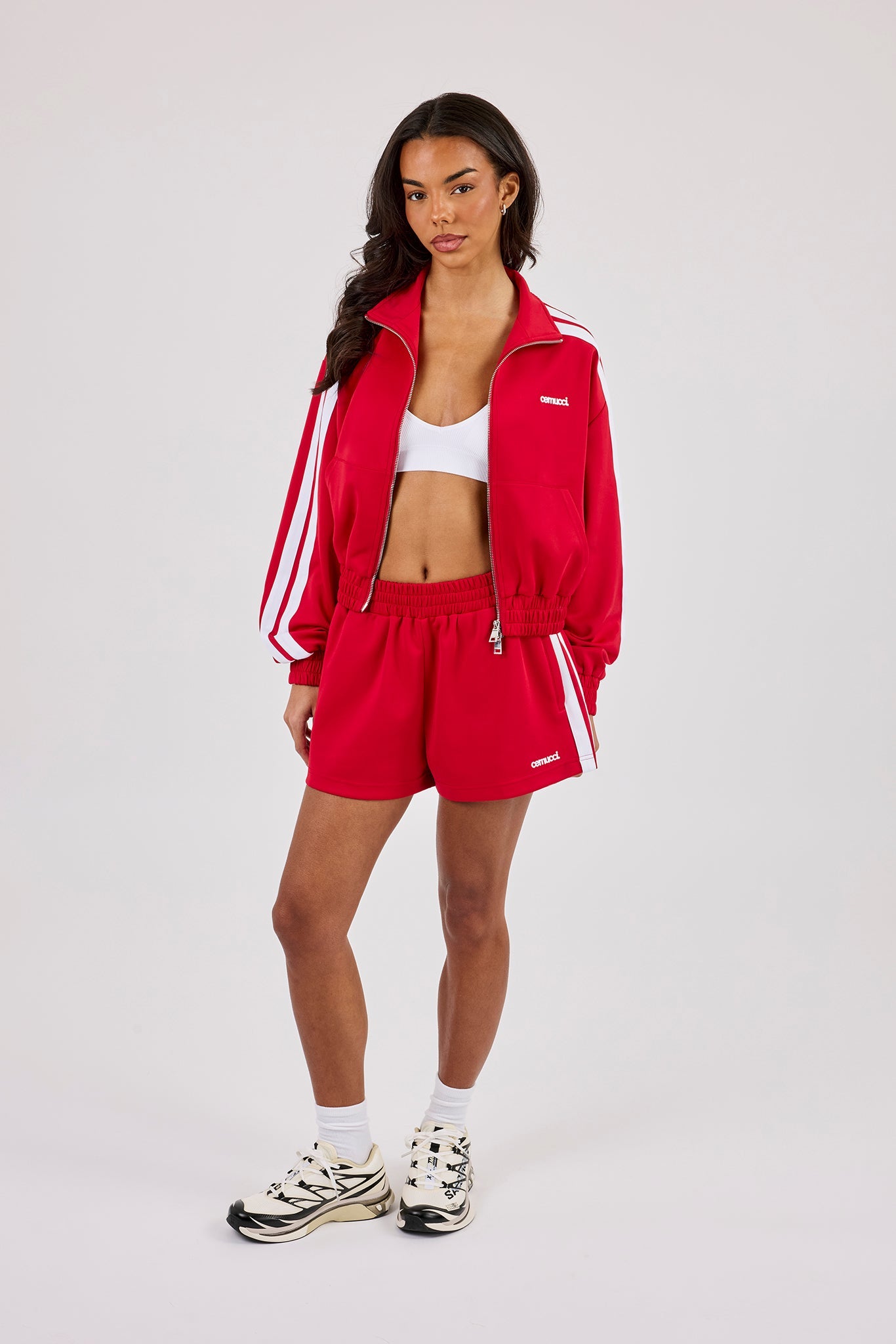 Taping Cropped Funnel Neck Jacket & Short - Red