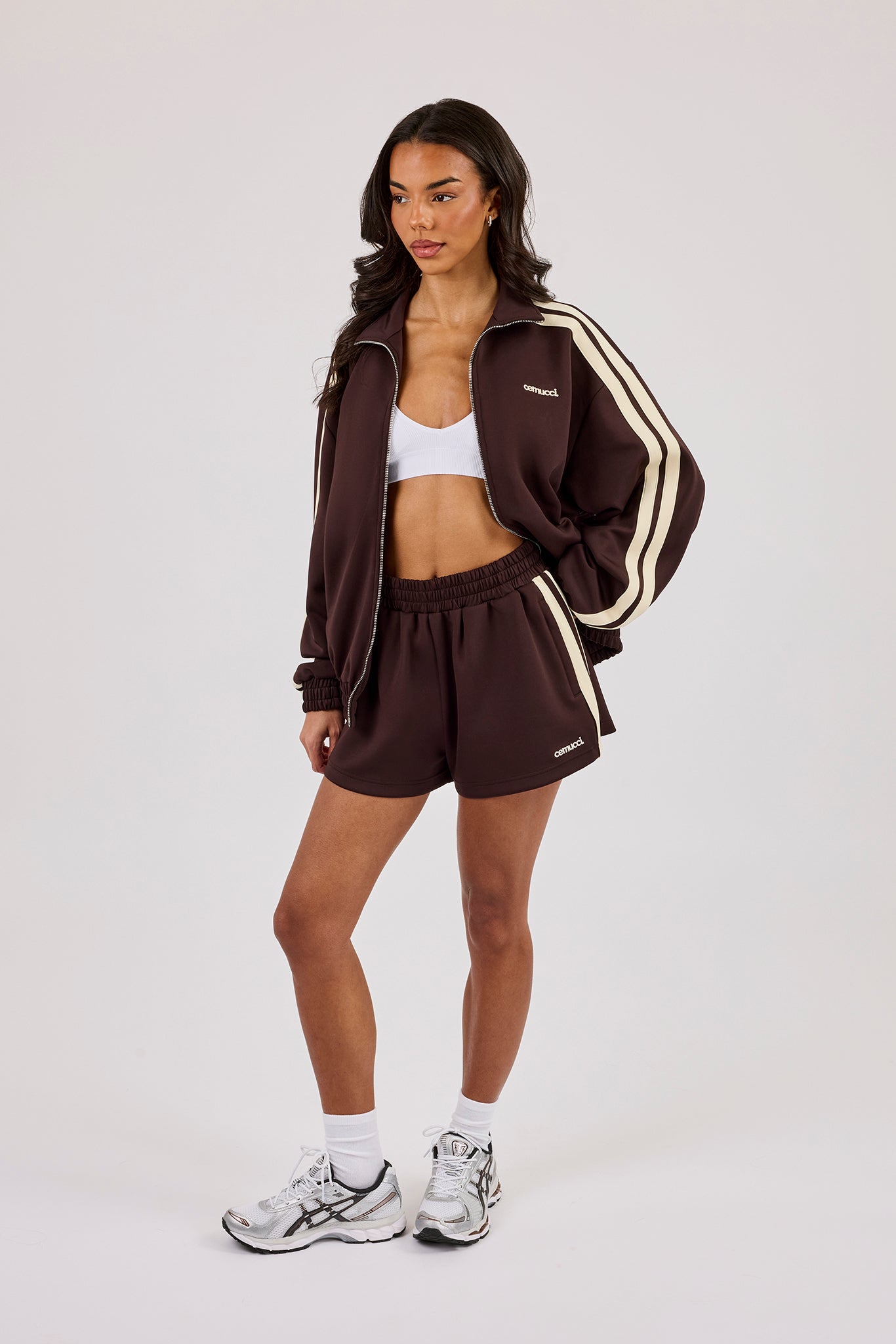 Logo Embroidered Funnel Neck Zip Through Track Jacket & Short – Chocolate