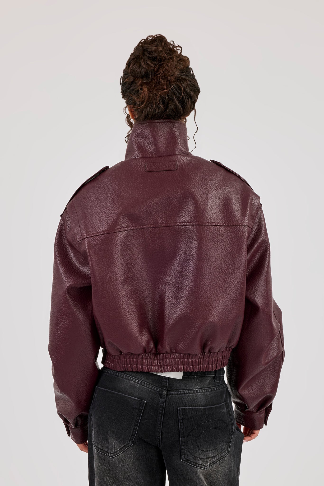Textured PU Biker Jacket - Burgundy