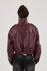 Textured PU Biker Jacket - Burgundy