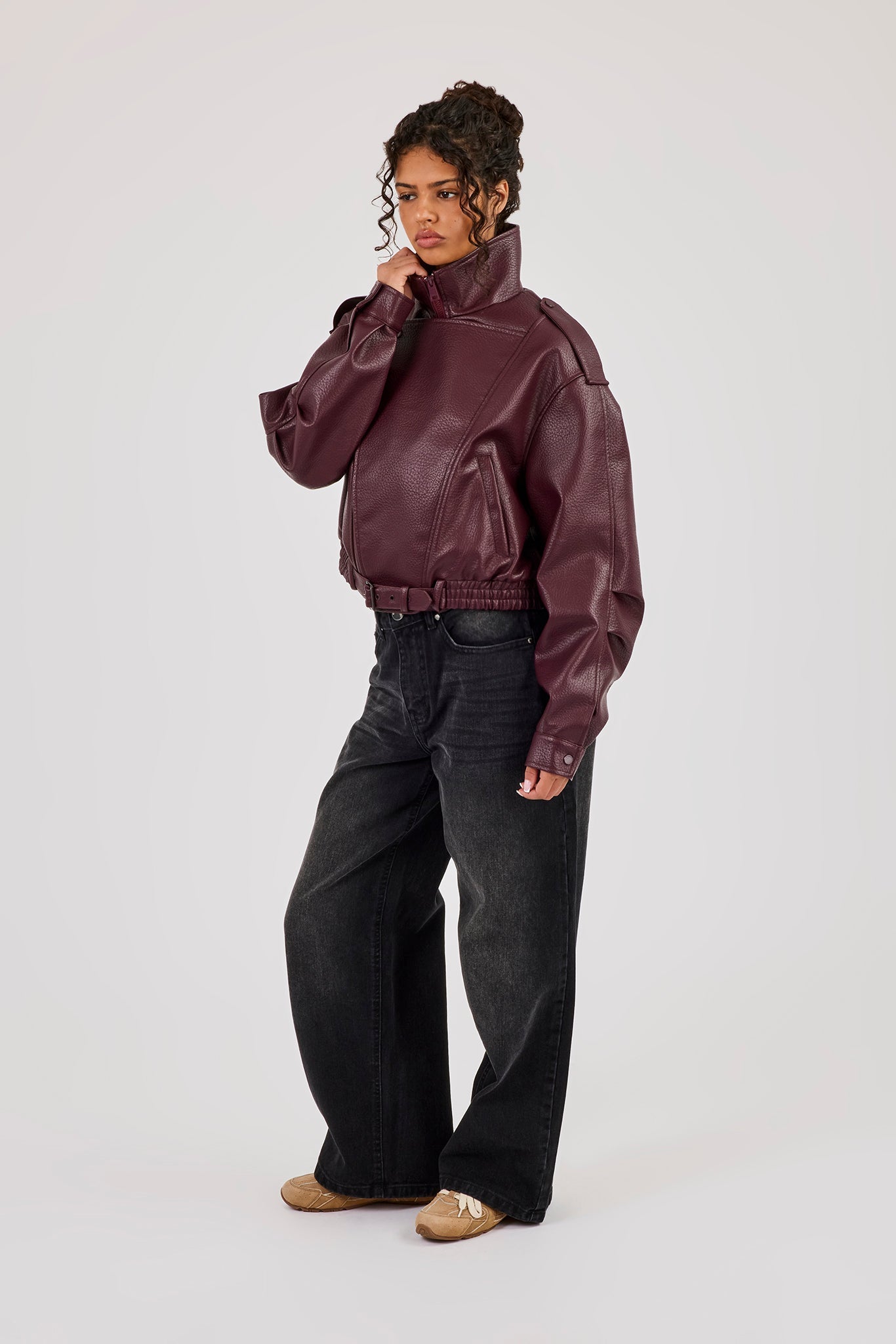 Textured PU Biker Jacket - Burgundy