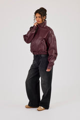 Textured PU Biker Jacket - Burgundy