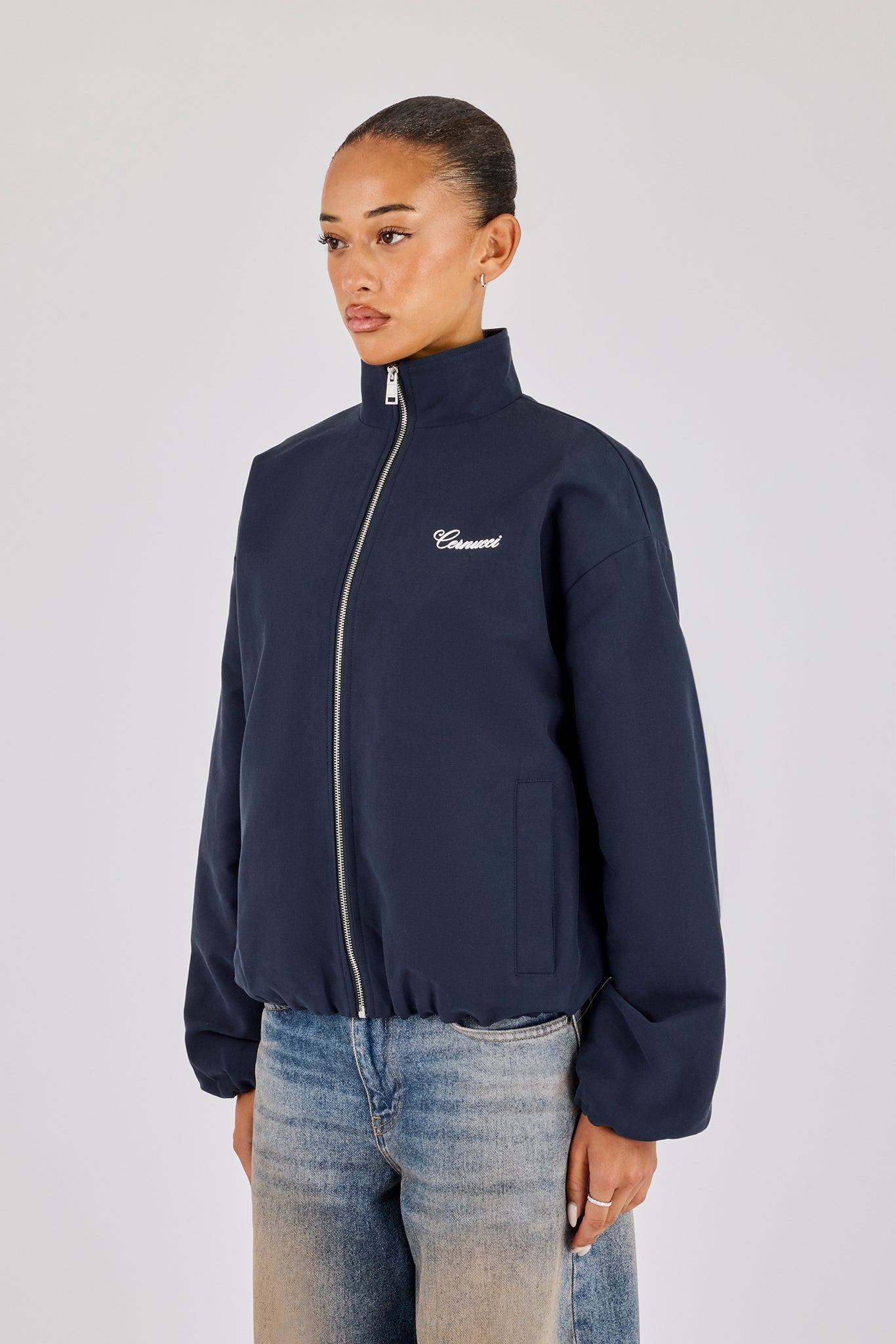Twill Funnel Neck Track Jacket - Navy