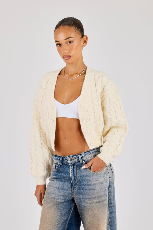 Cable Knit V Neck Cardigan - Oatmeal
