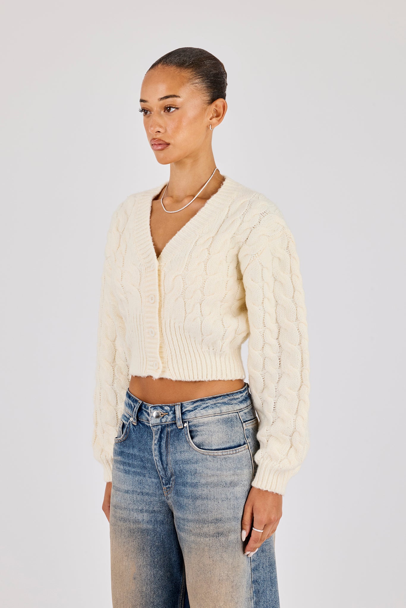 Cable Knit V Neck Cardigan - Oatmeal