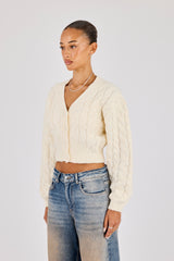 Cable Knit V Neck Cardigan - Oatmeal