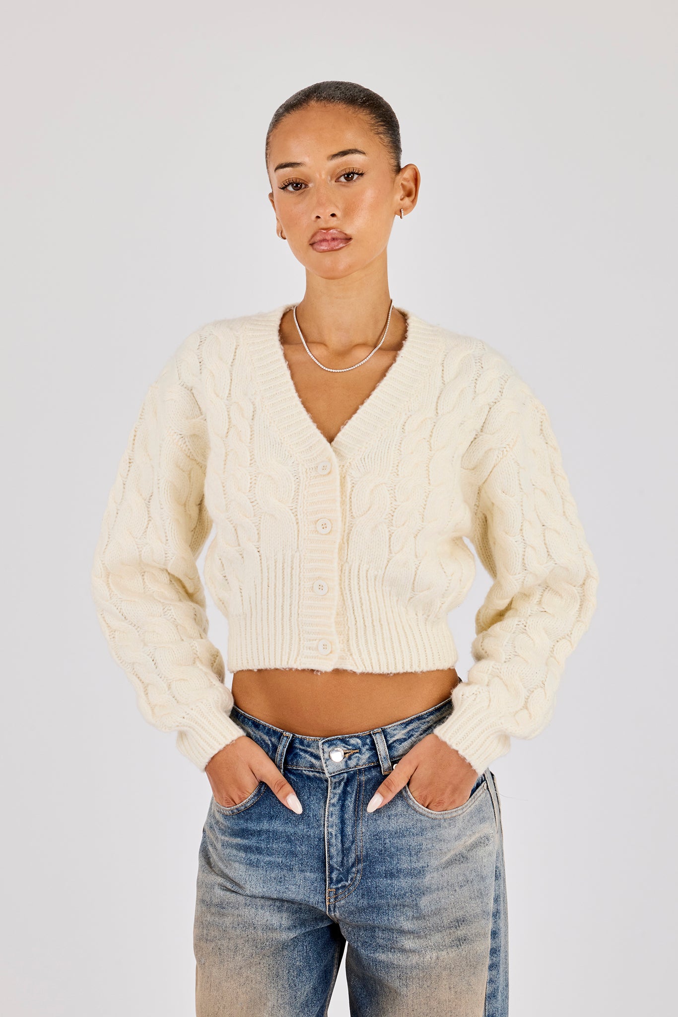 Cable Knit V Neck Cardigan - Oatmeal