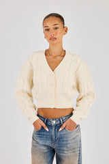 Cable Knit V Neck Cardigan - Oatmeal