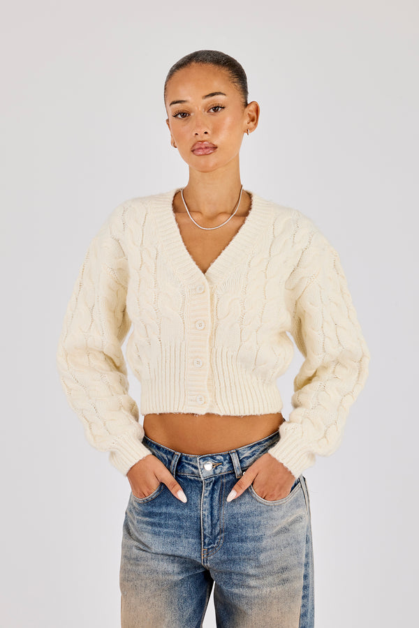 Cable Knit V Neck Cardigan - Oatmeal