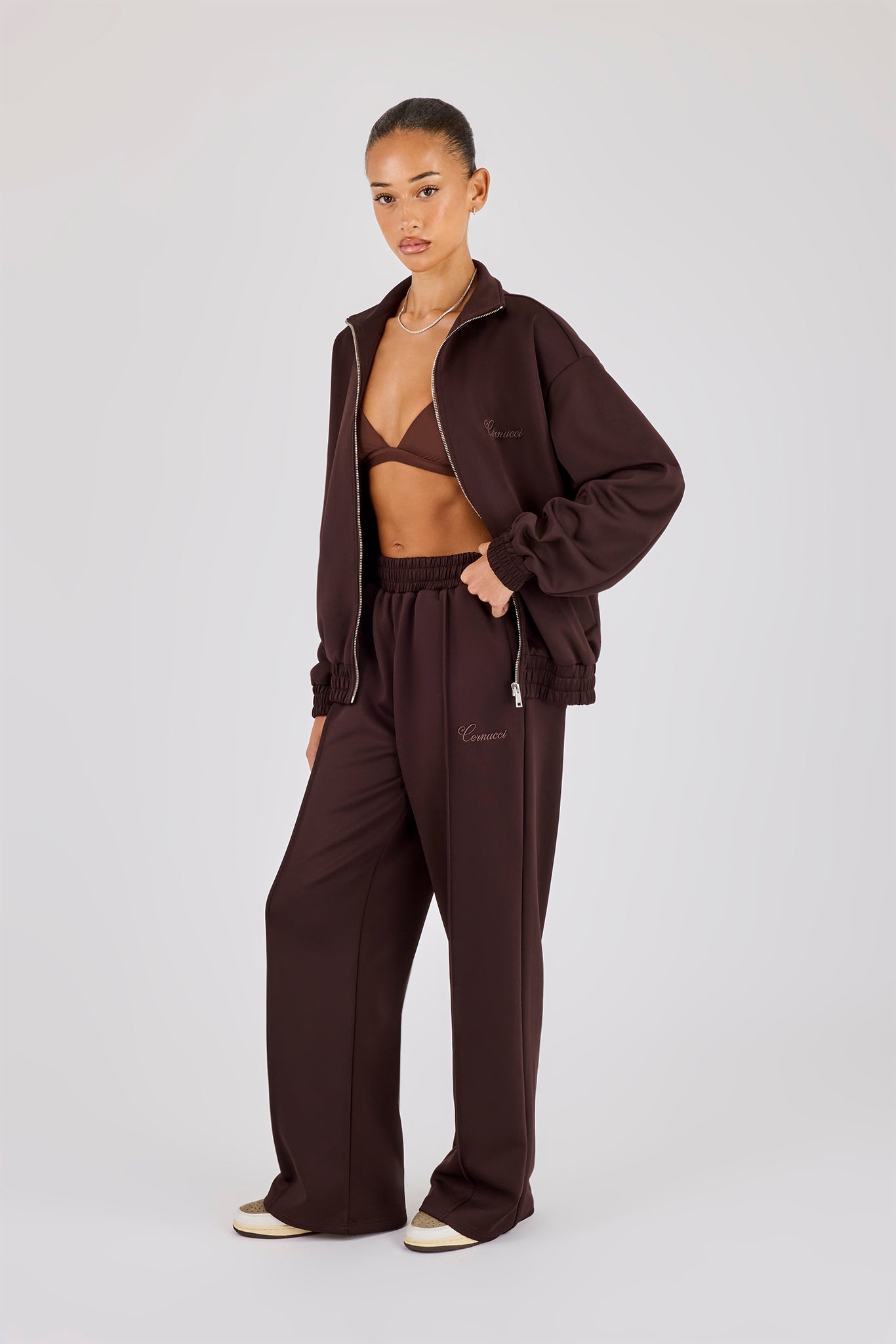 Poly Embroidered Wide Leg Jogger - Brown
