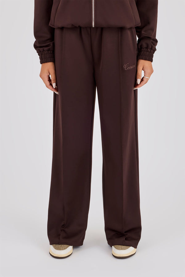 Poly Embroidered Wide Leg Jogger - Brown