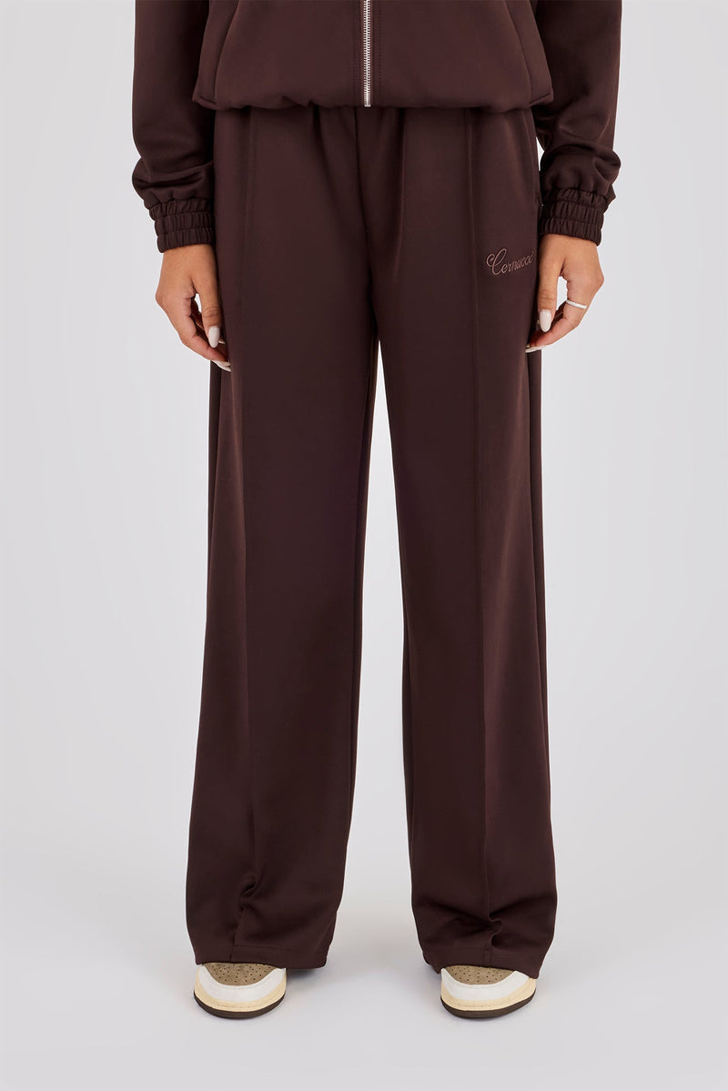 Poly Embroidered Wide Leg Jogger - Brown