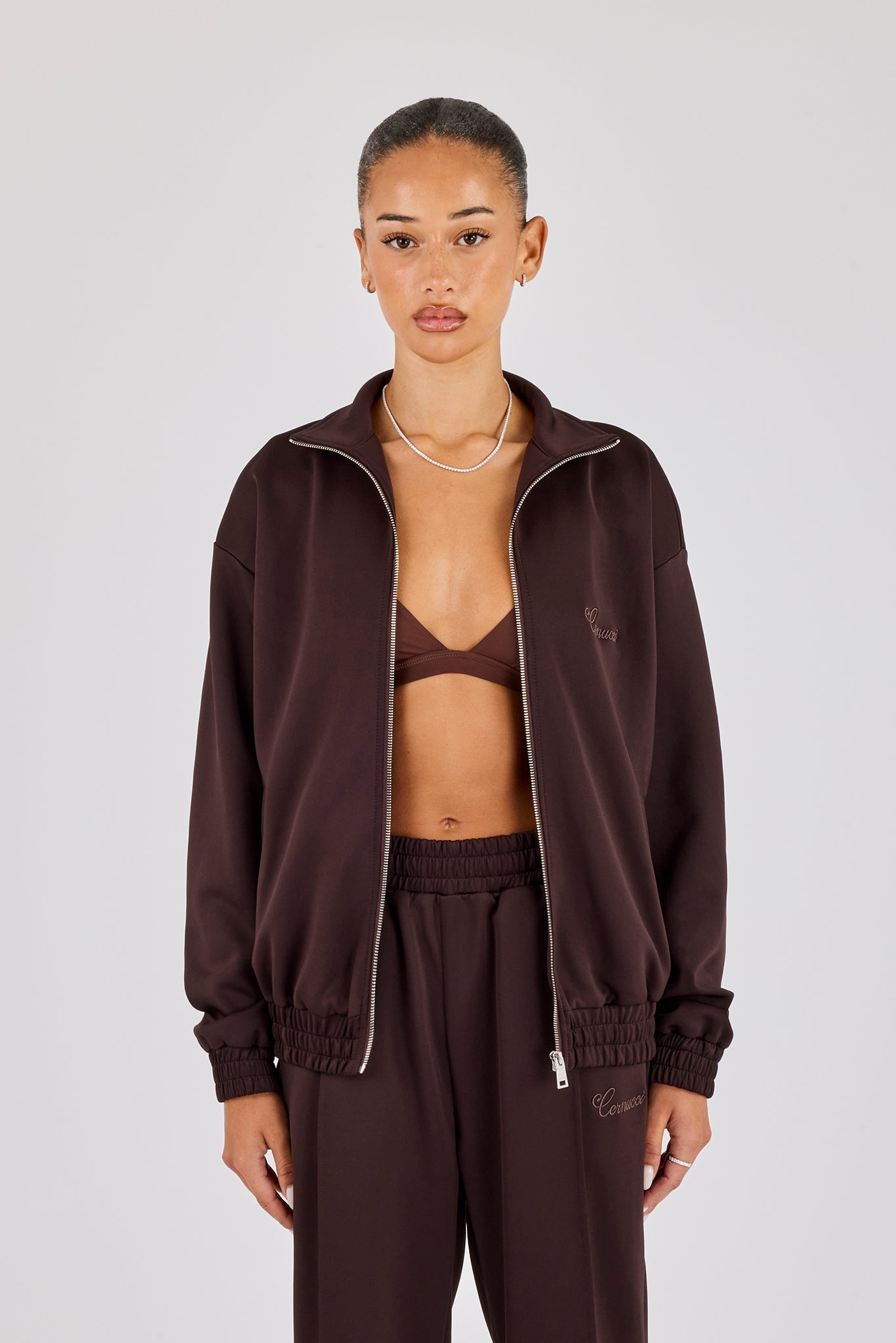 Poly Embroidered Track Jacket - Brown