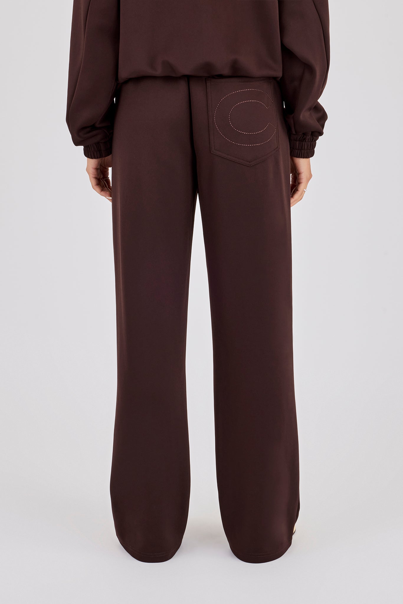Poly Embroidered Wide Leg Jogger - Brown