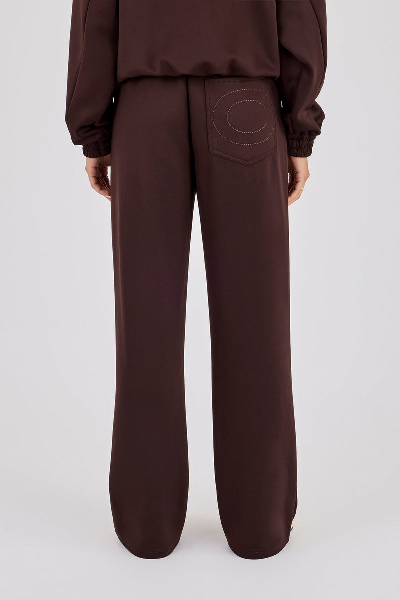 Poly Embroidered Wide Leg Jogger - Brown