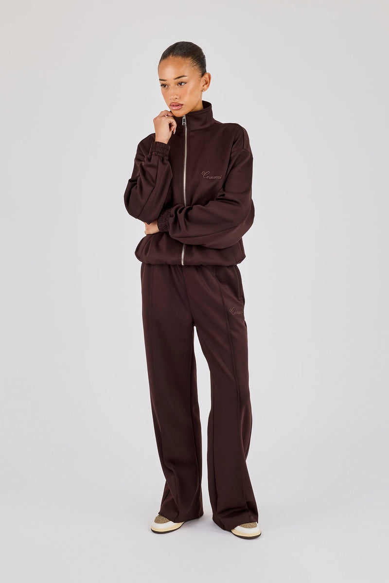 Poly Embroidered Track Jacket & Wide Leg Jogger - Brown