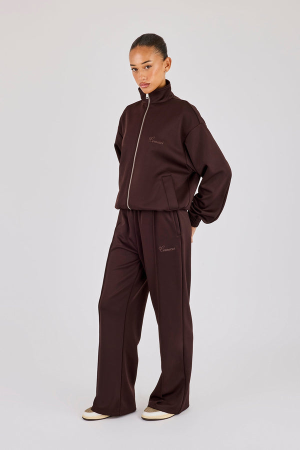 Poly Embroidered Track Jacket & Wide Leg Jogger - Brown