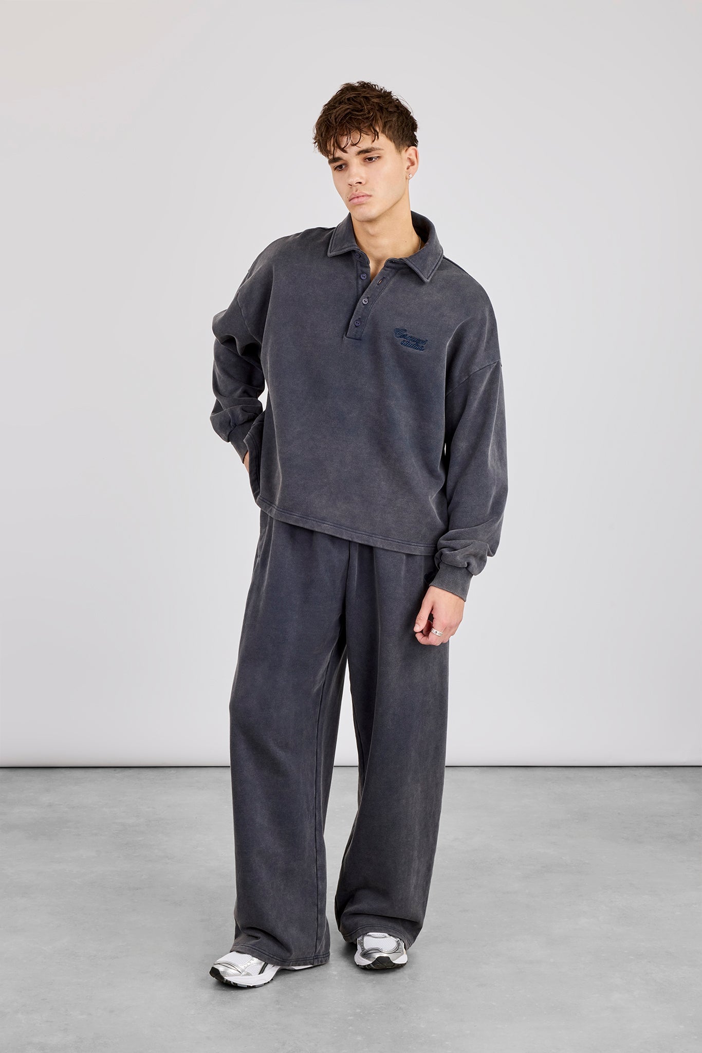 Acid Wash Rugby Polo & Baggy Jogger - Washed Navy | Mens Sets