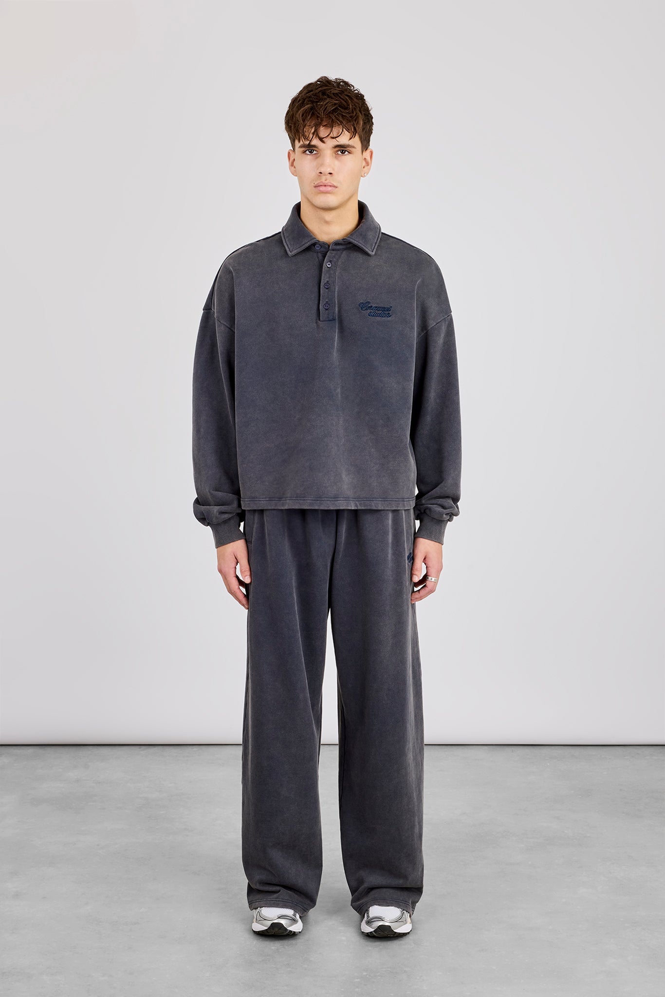 Acid Wash Rugby Polo & Baggy Jogger - Washed Navy | Mens Sets
