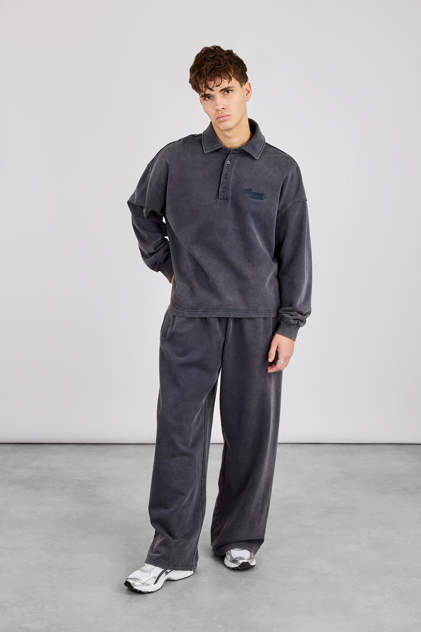 Acid Wash Rugby Polo & Baggy Jogger - Washed Navy | Mens Sets