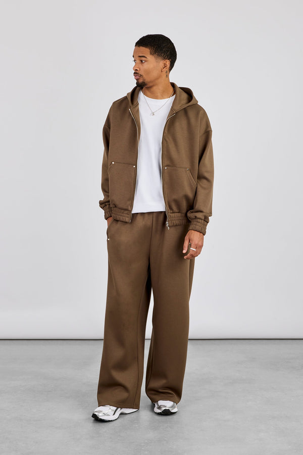 Scuba Zip Hoodie & Baggy Jogger With Woven Tab - Khaki