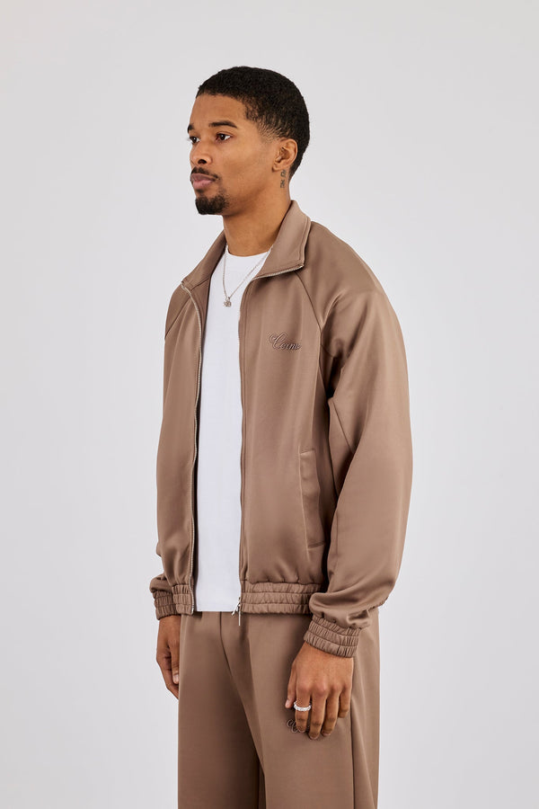 Embroidered Poly Raglan Track Jacket - Taupe