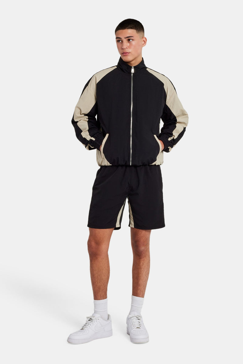 Nylon Panelled Track Jacket & Short Set - Black