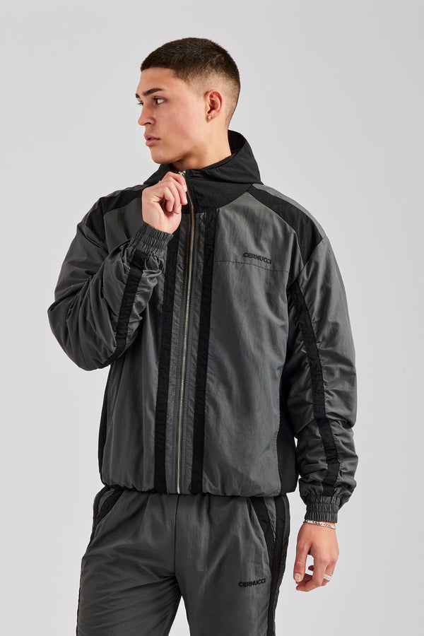 Nylon Colour Block Zip Through Tracksuit - Charcoal