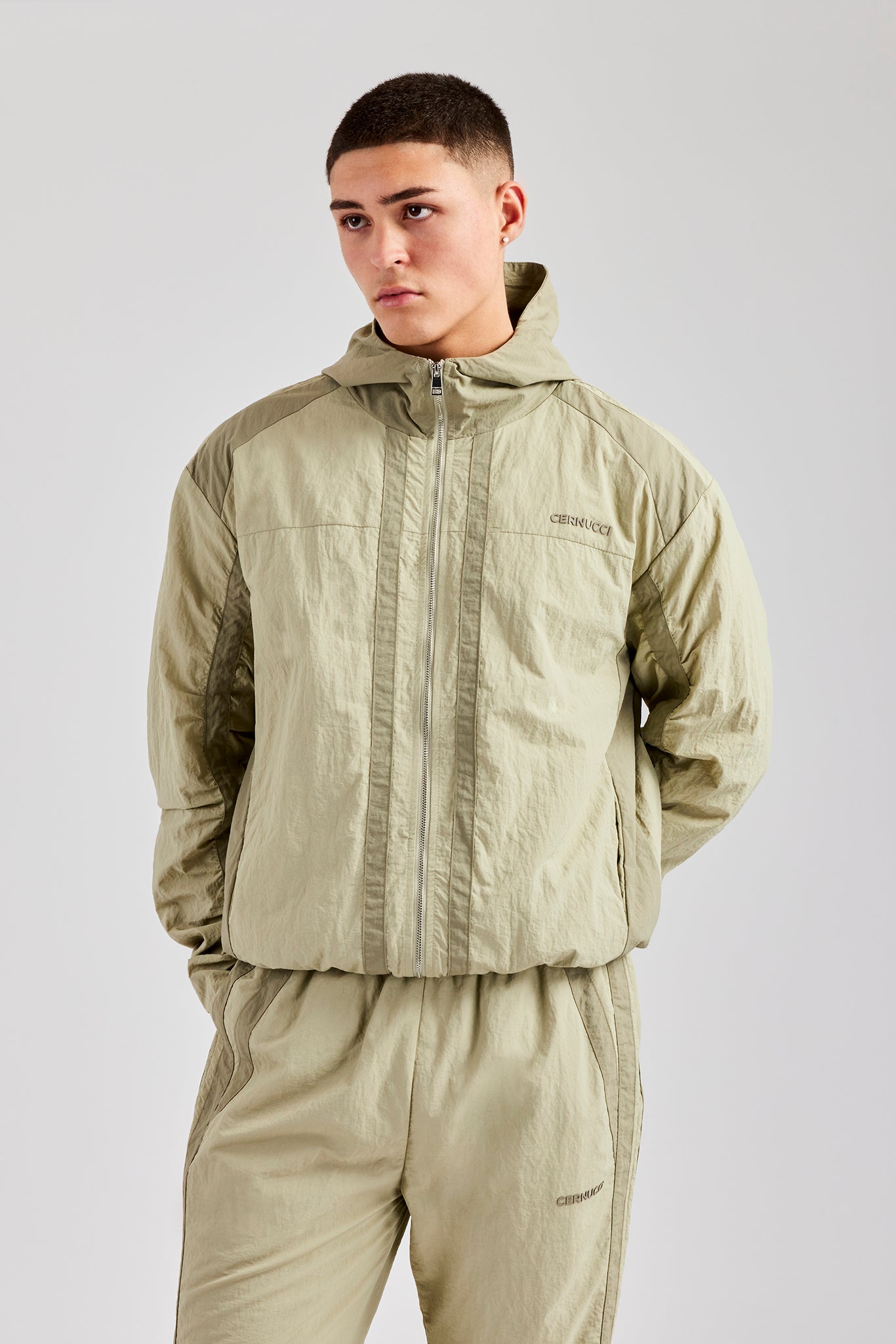 Nylon Colour Block Zip Through Tracksuit - Light Khaki | Mens Sets