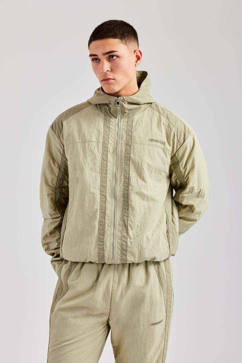 Nylon Colour Block Zip Through Tracksuit - Light Khaki