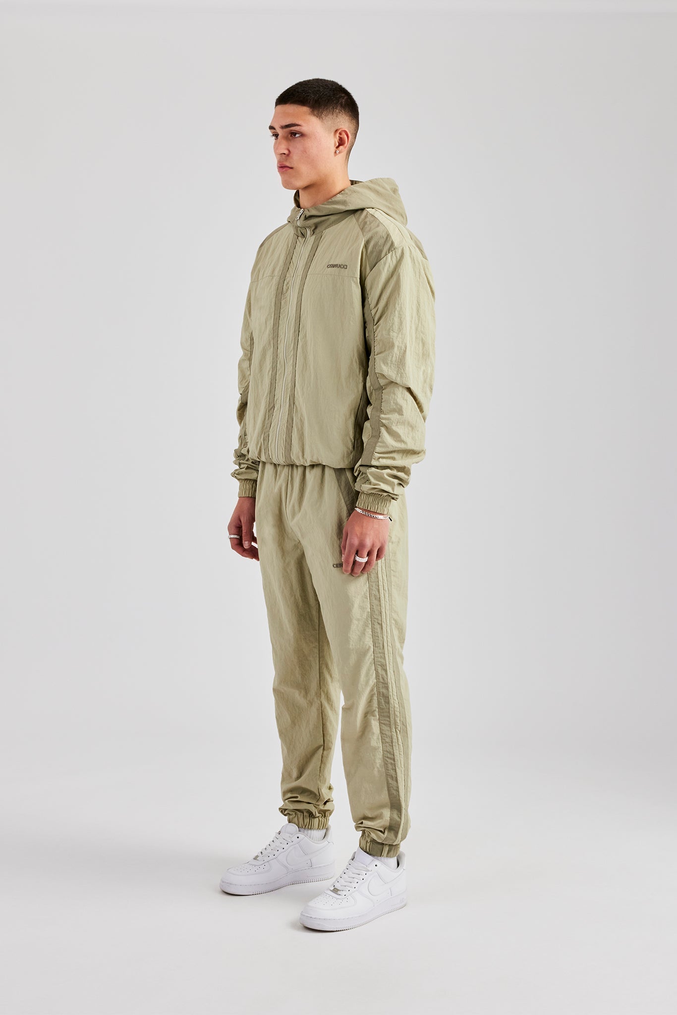 Nylon Colour Block Zip Through Tracksuit - Light Khaki | Mens Sets