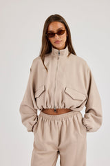Twill Elasticated Hem Funnel Neck Jacket - Stone