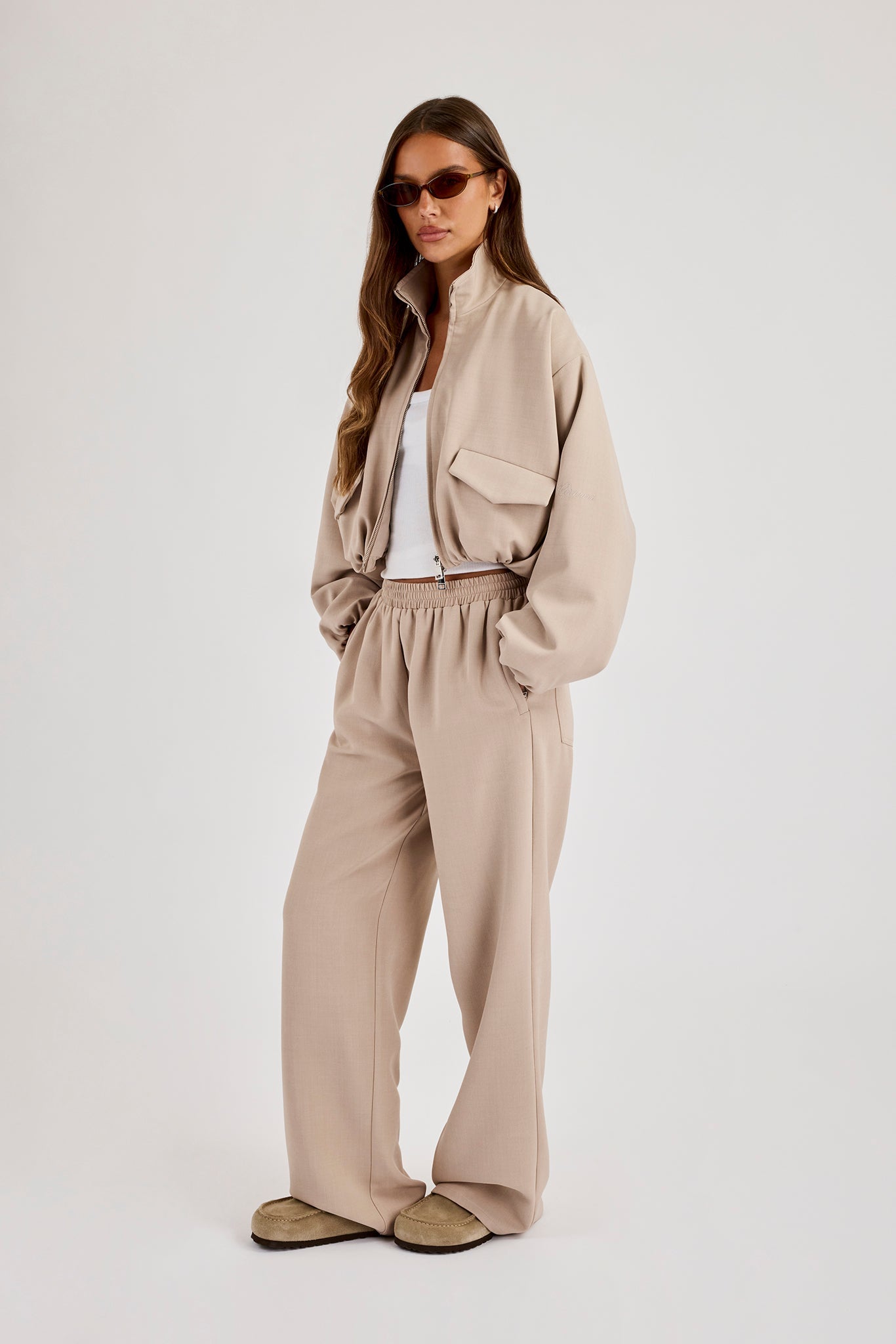 Twill Elasticated Hem Funnel Neck Jacket & Trouser - Stone
