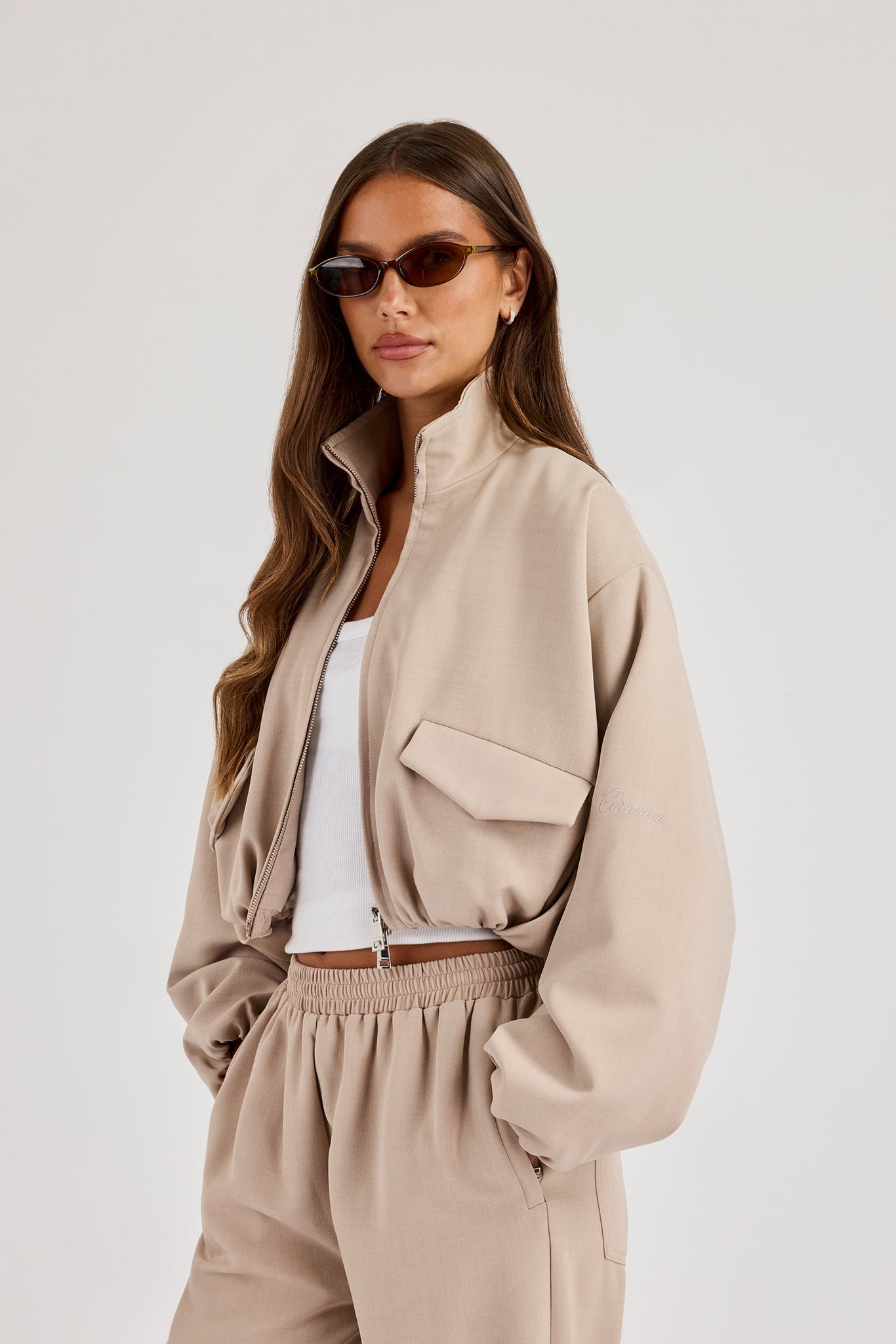Twill Elasticated Hem Funnel Neck Jacket - Stone
