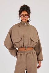 Twill Elasticated Hem Funnel Neck Jacket - Taupe