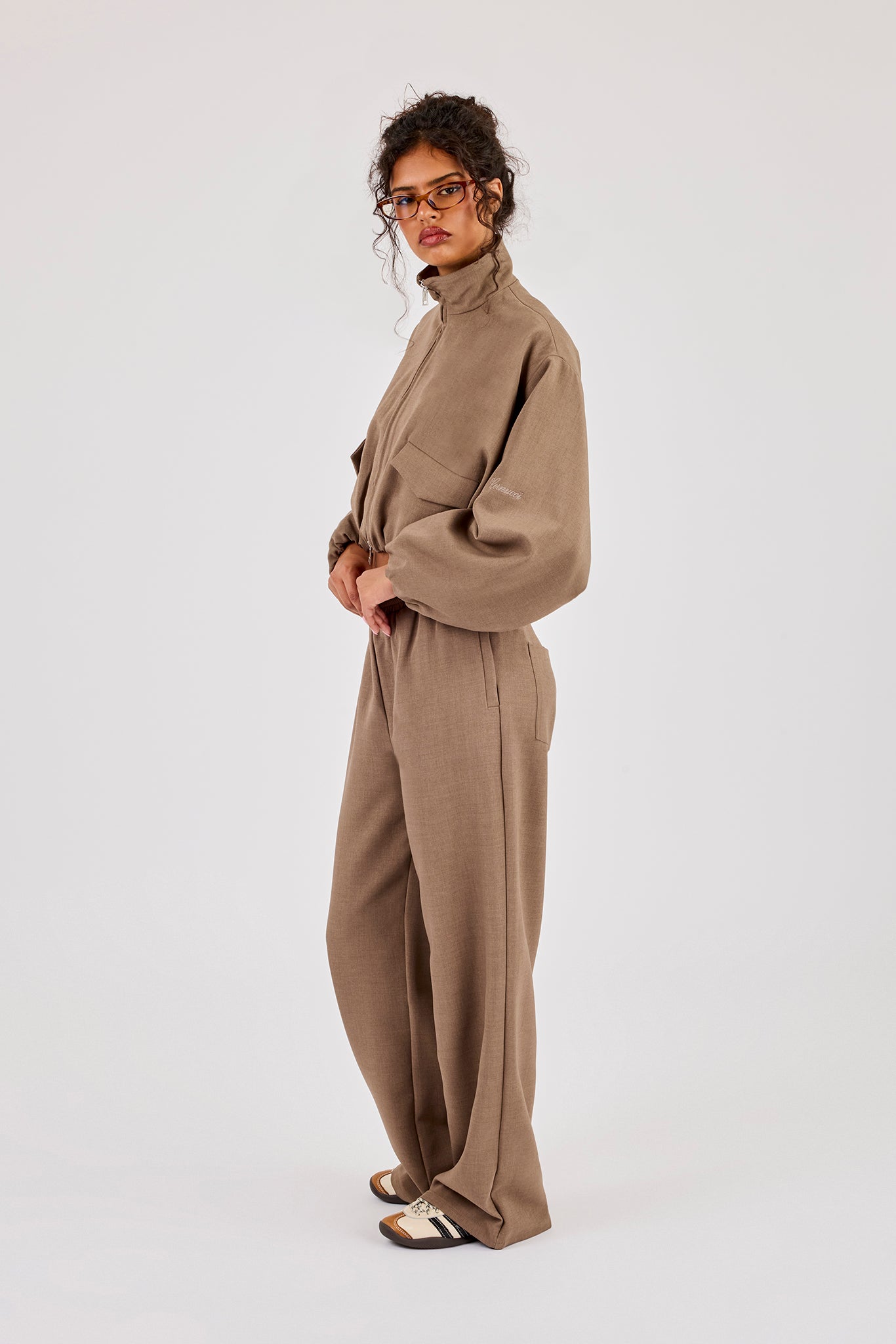 Twill Elasticated Hem Funnel Neck Jacket & Trouser - Taupe